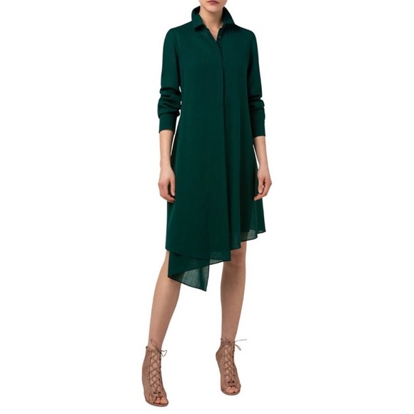 Akris Midi Dress Shirtdress Wool Emerald Green Asymmetrical Classic Minimal 10 - Picture 12 of 12